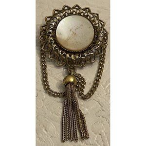 Victorian Tassel Brooch Mother Of Pearl Gold Filigree Pin 2”